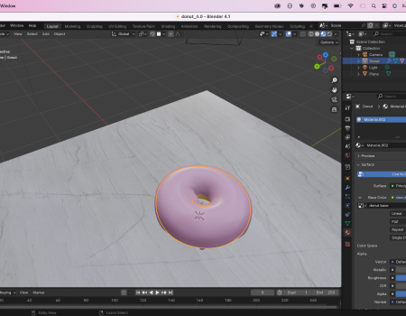 An image of Lilia's Blender donut project. It is a tan donut with pink frosting