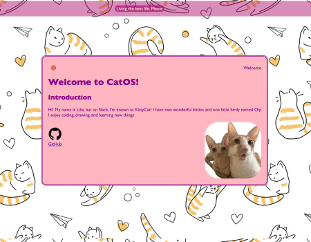 A screenshot of a website that emulates a desktop. It is cat themed