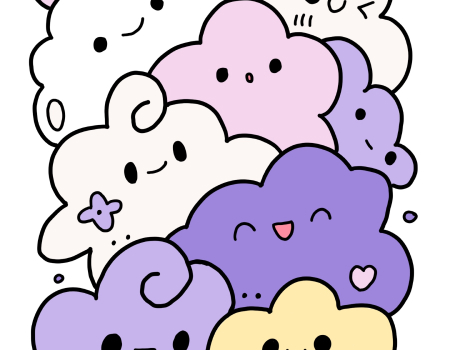 A drawing of various kawaii clouds with faces