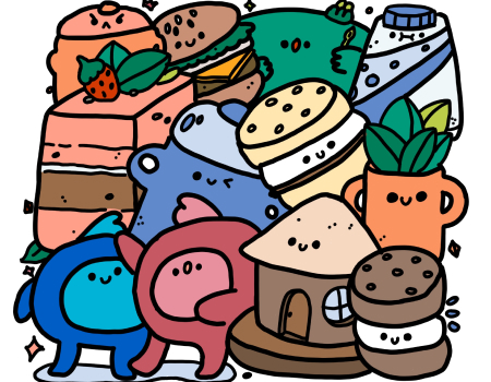 A drawing of various kawaii objects with faces