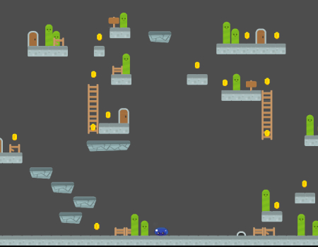 An image of Lilia's Slime Game project. It is a platformer game where you play as a blue slime. There are stone platforms all around the screen and coins to collect