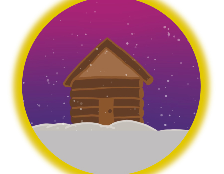 An image of a digital snowglobe with a log house and a purple gradient sky