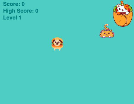 An image of Lilia's Taco Cat Catcher project. It is a falling object game with falling taco cats and burger pugs against a blue background